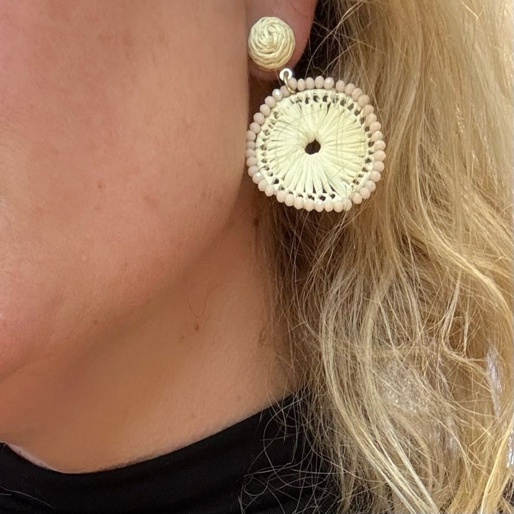 Cream Woven Beaded Circle Drop Earrings Boho Statement